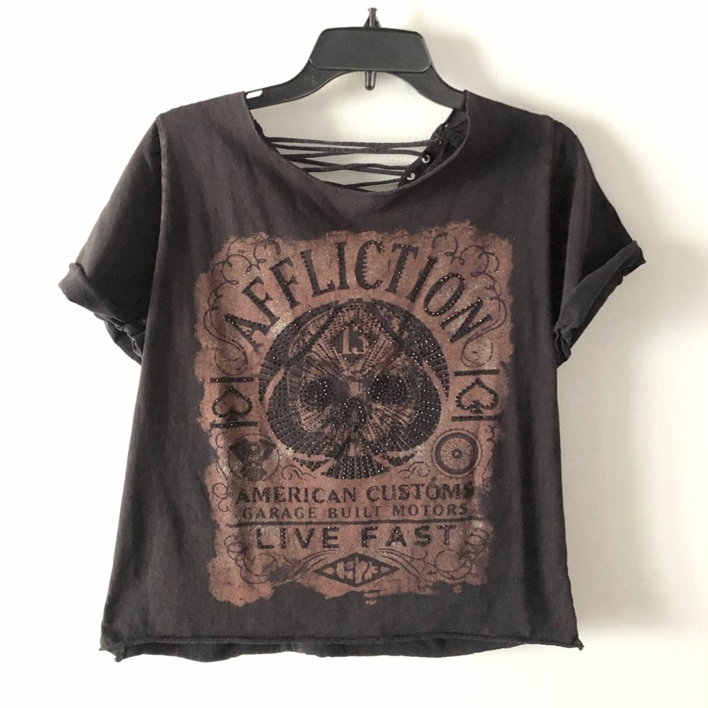 🔥Vintage Y2K Affliction Black Rhinestone Graphic Lace-Up Tee Punk Grunge